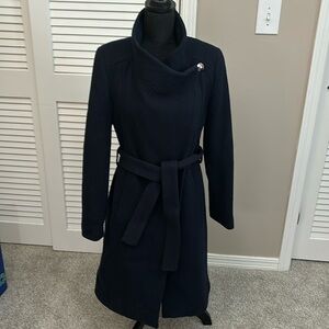 Navy blue Kenneth Cole size 6 asymmetrical belted maxi coat.